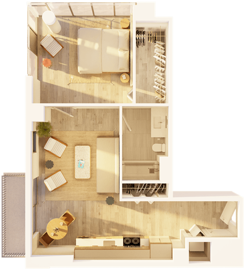 Floor plan for 1 bed, 1 bath, 722 sqft